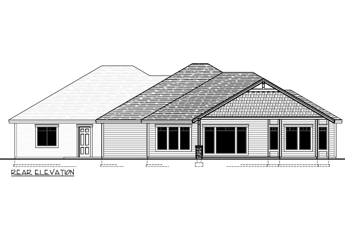 Rear elevation of a single-story house plan with a hip roof, gabled dormer, and horizontal siding.
