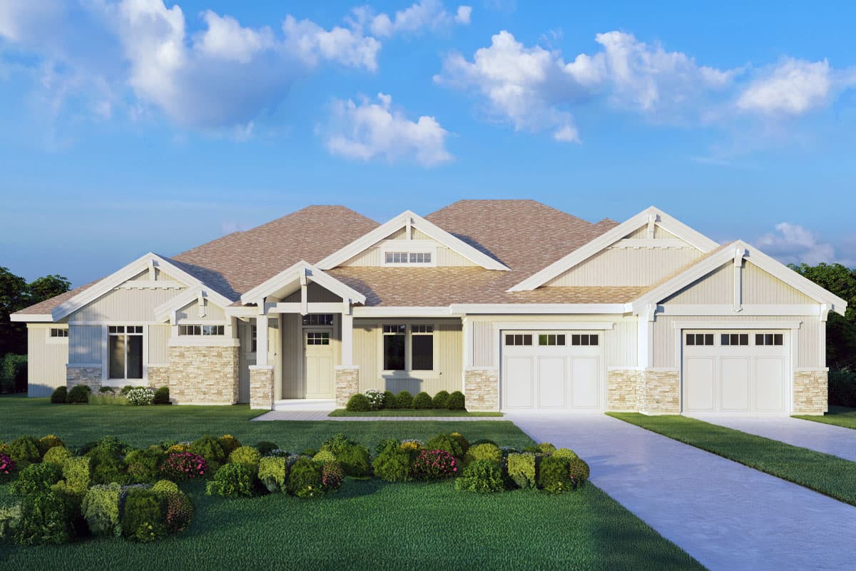 House plan exterior with Craftsman style. Features include a front porch, multiple gables, and an attached two-car garage.