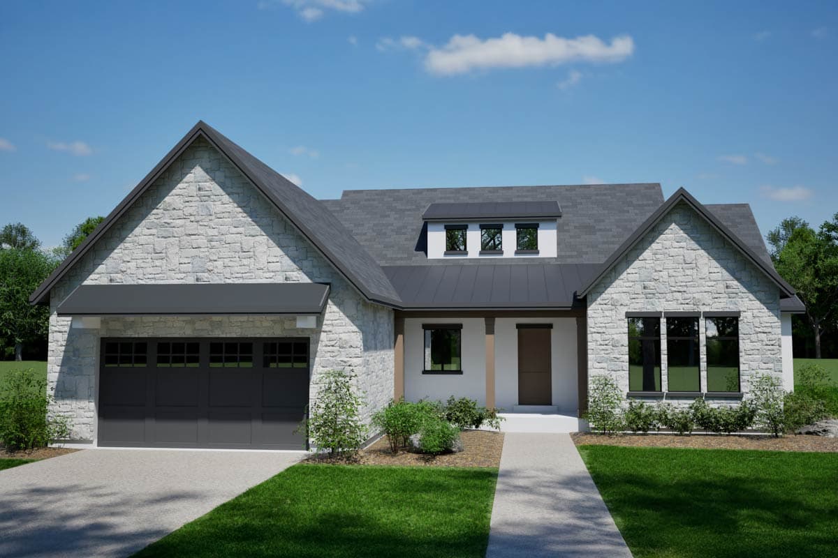 House plan exterior featuring a stone facade, gable roof, dormers, and a two-car garage. A pathway leads to the front door.