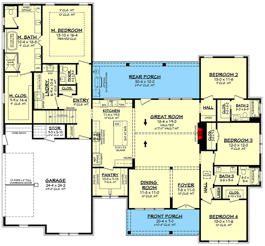 Plan 51989HZ: 4-Bed Modern Farmhouse Plan with Optionally Finished Bonus - 2615 Sq Ft - Floor Plan - Main Level - Country, Farmhouse, Modern Farmhouse