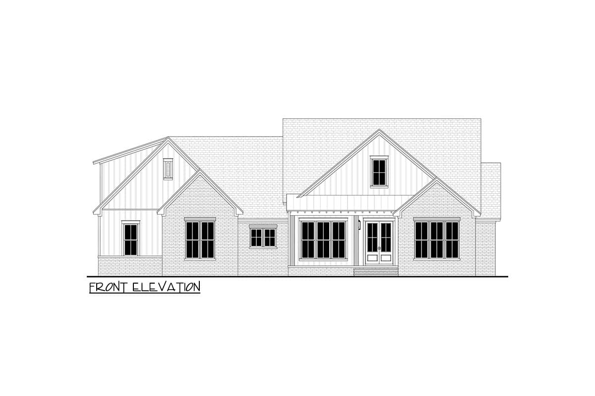 Front elevation drawing of a one-story house plan with a covered front porch, gabled rooflines, and brick and vertical siding.