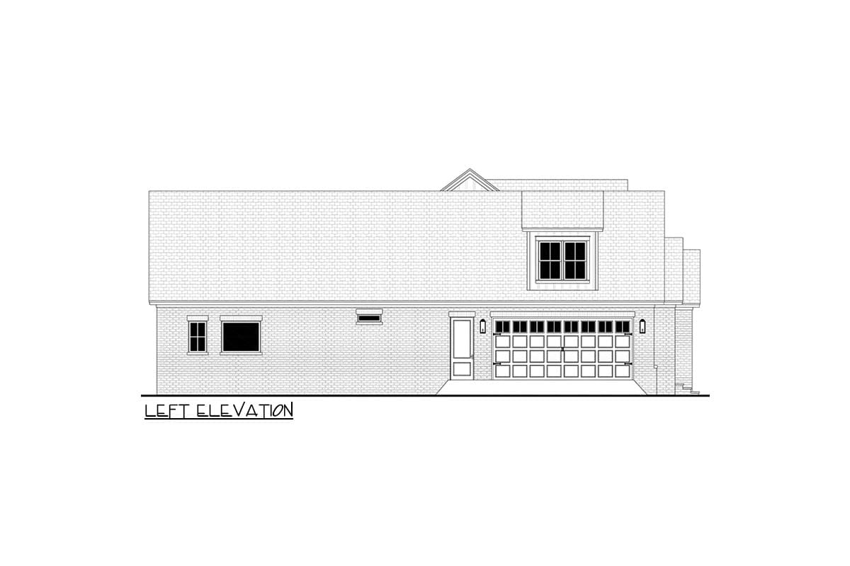 Left elevation drawing of a house plan featuring a multi-panel garage door, dormer window, and brick exterior.