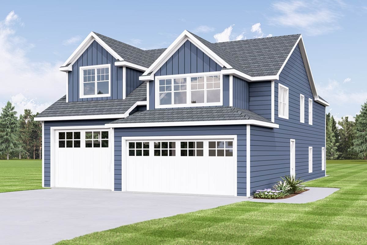 House plan exterior with two stories, gabled roof, and two-car garage. Features include dormers and clapboard siding. Windows have grid patterns.
