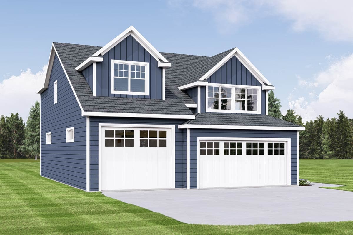 Modern Farmhouse house plan exterior with blue siding, two garage bays, white-paned windows, and gabled dormers.