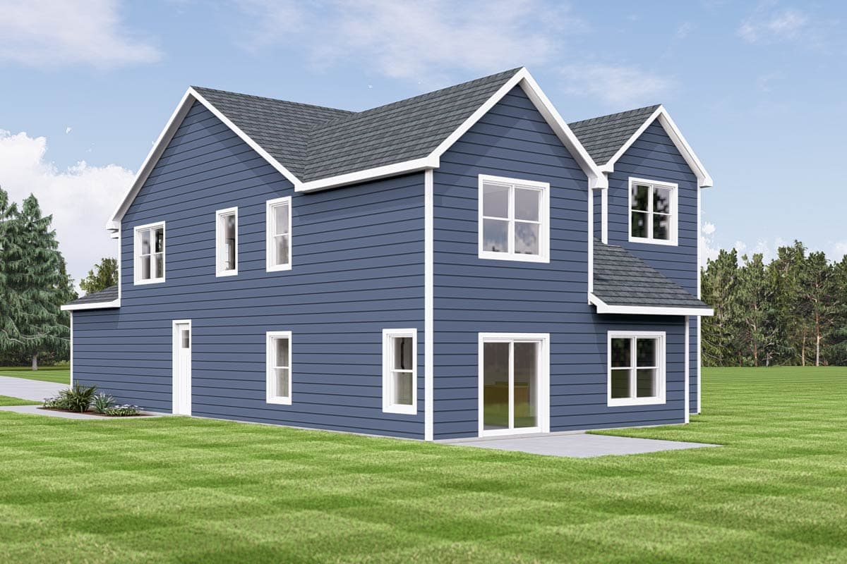 House plan exterior: Two-story blue home with gables, white trim, asphalt shingle roof, and multiple windows.