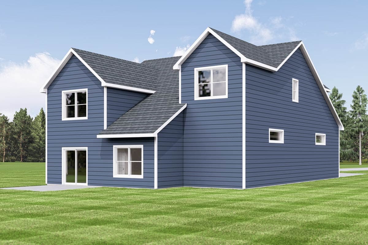 House plan exterior: Two-story blue house with gabled rooflines, multiple dormers, and a sliding glass door leading to a patio.