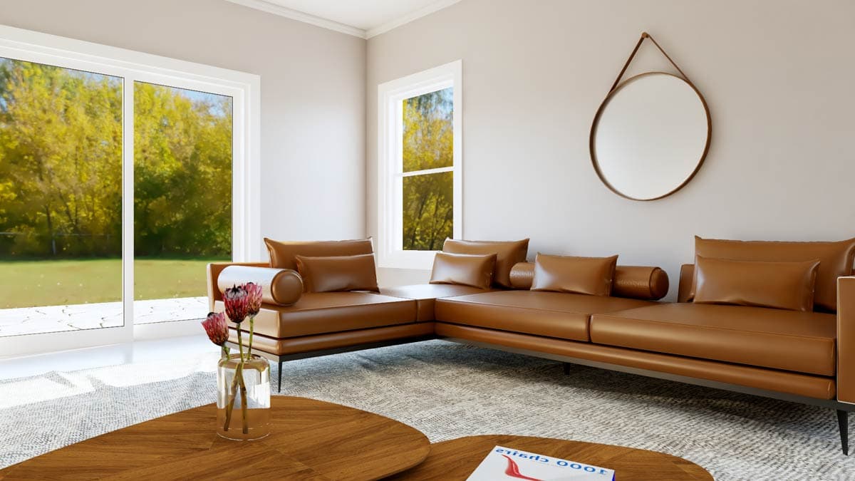 Interior rendering of a living room with a sectional sofa, large windows, and a coffee table.