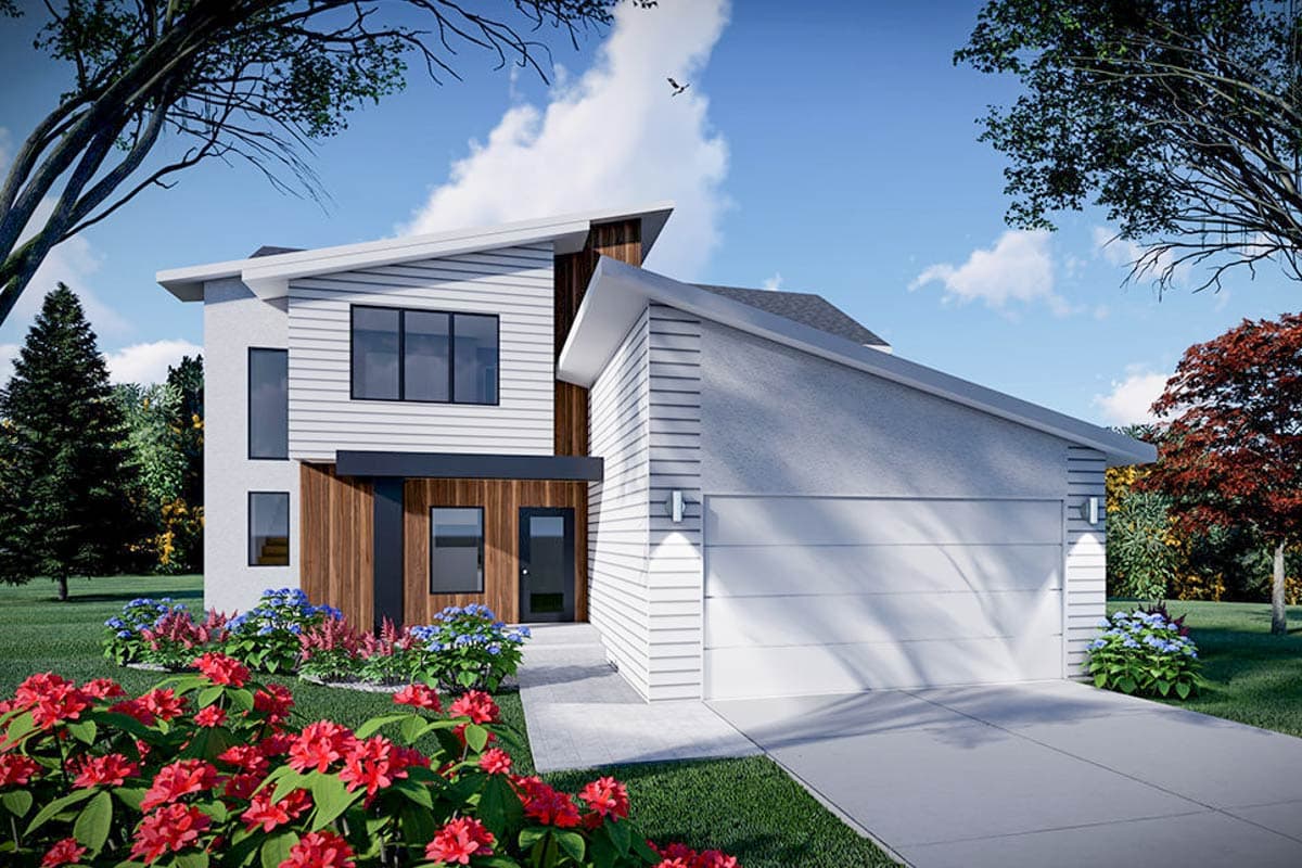House plan exterior. Modern style, two-story home with a sloped roof, garage, and wood accents. Features include vertical siding and large windows.