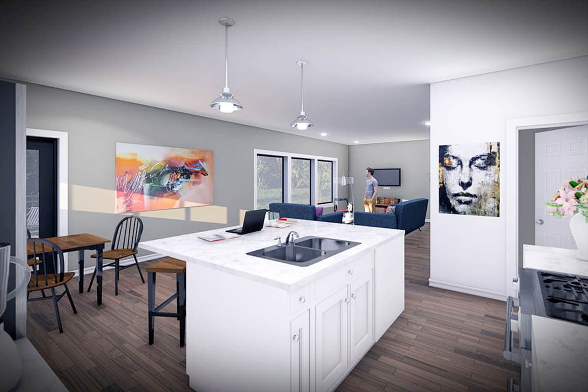 Rendering of an open-concept living space with a kitchen island, dining area, and living room.