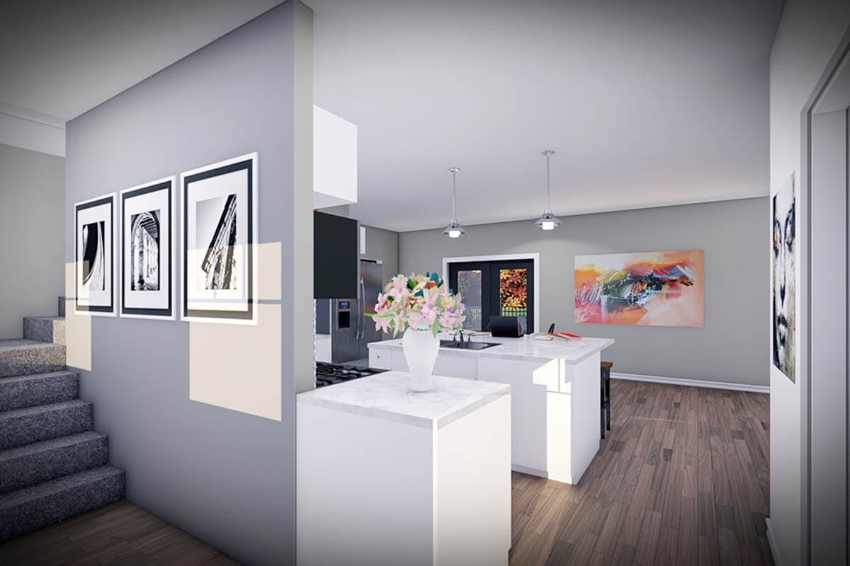 Rendering of a modern kitchen with a white island, stainless steel appliances, and an open layout. A staircase is visible to the left.