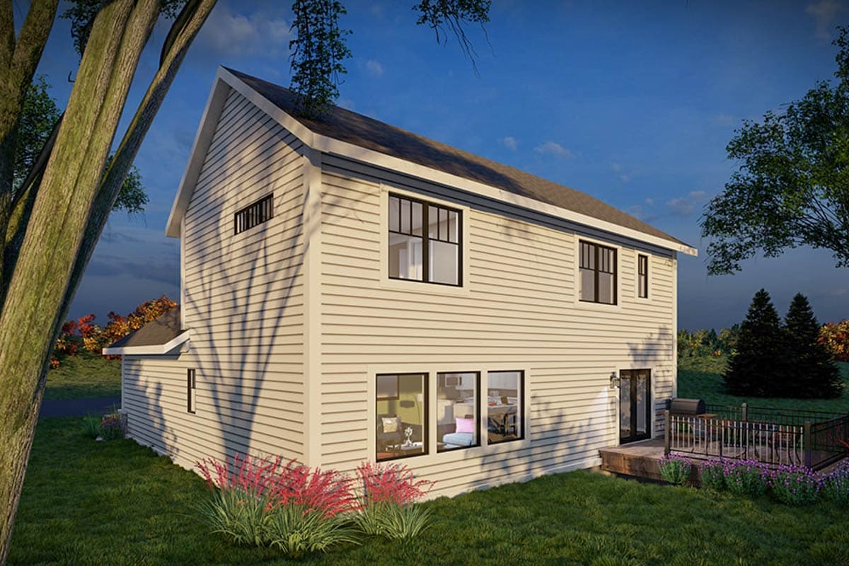 House plan exterior: two-story, beige siding, gable roof, multiple windows, and a rear deck.