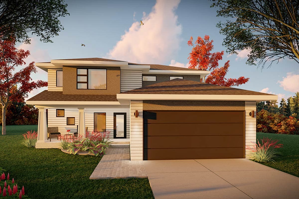 House plan exterior. Two-story, Modern style home. Features a front porch, flat rooflines, and an attached garage.