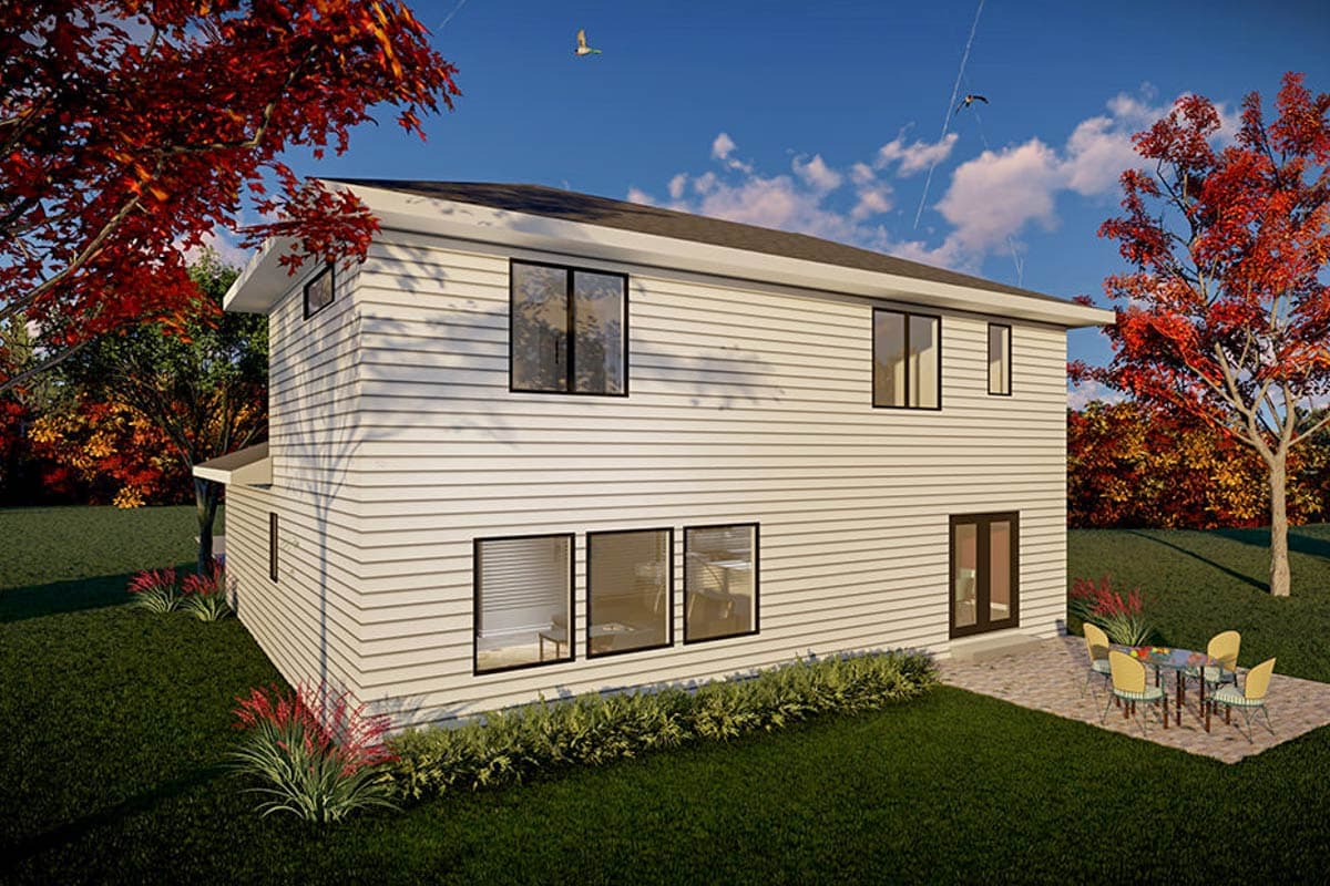 Two-story house plan exterior with horizontal siding, multiple windows, and a rear door opening to a patio.
