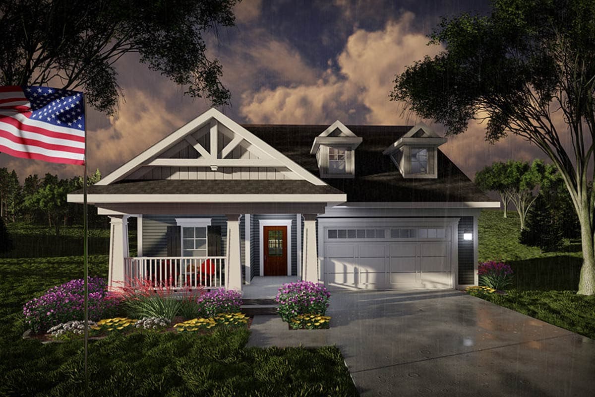 House plan exterior. Craftsman style, one-story home with front porch, gables, and dormers. Attached garage on the right side.