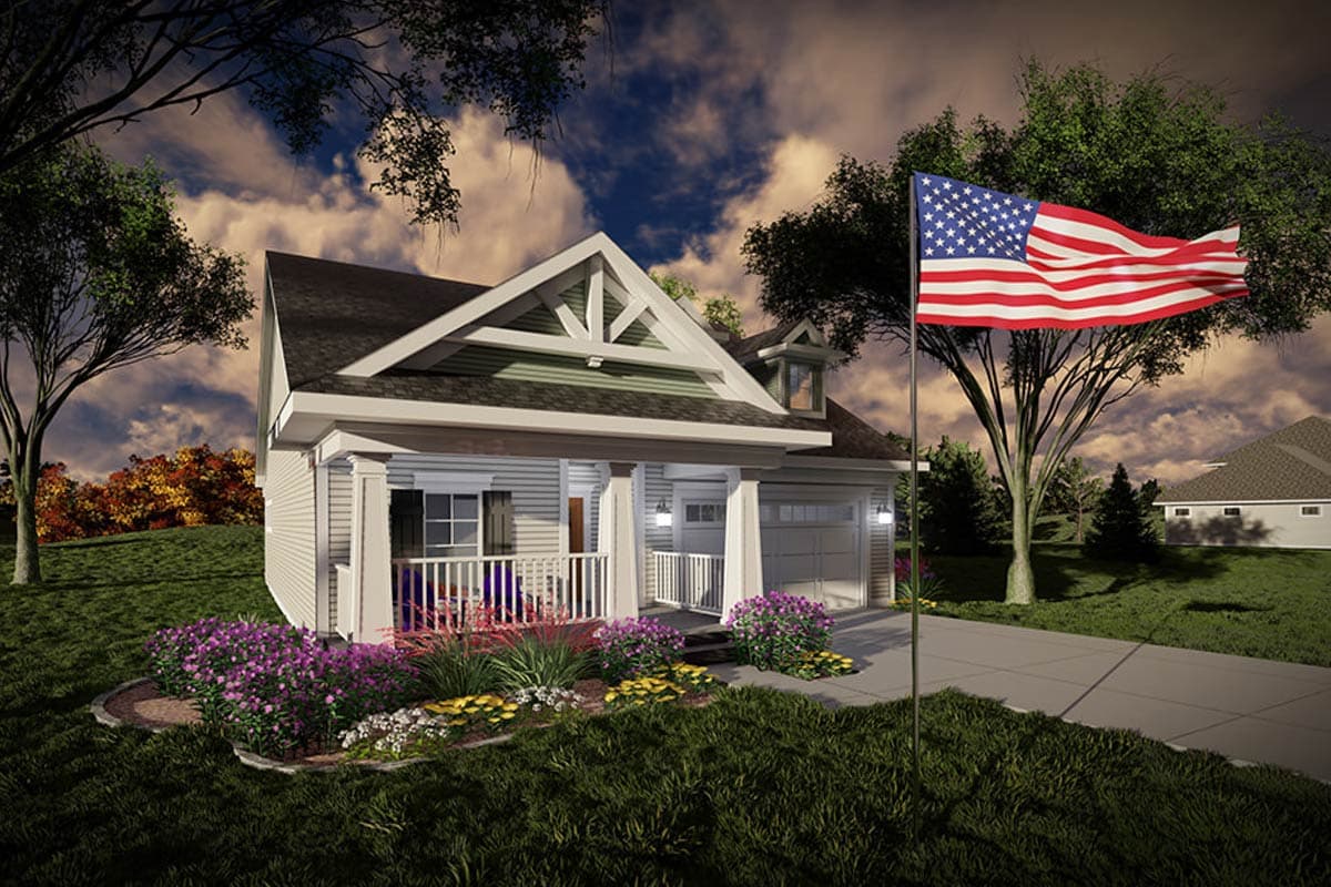 House plan exterior: Modern Farmhouse style, one-story with covered front porch, gables, and attached garage.