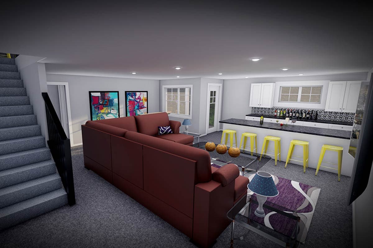 Living room rendering with sectional sofa, kitchen bar, and stairs. Features include bar stools, artwork, and decorative lamps.