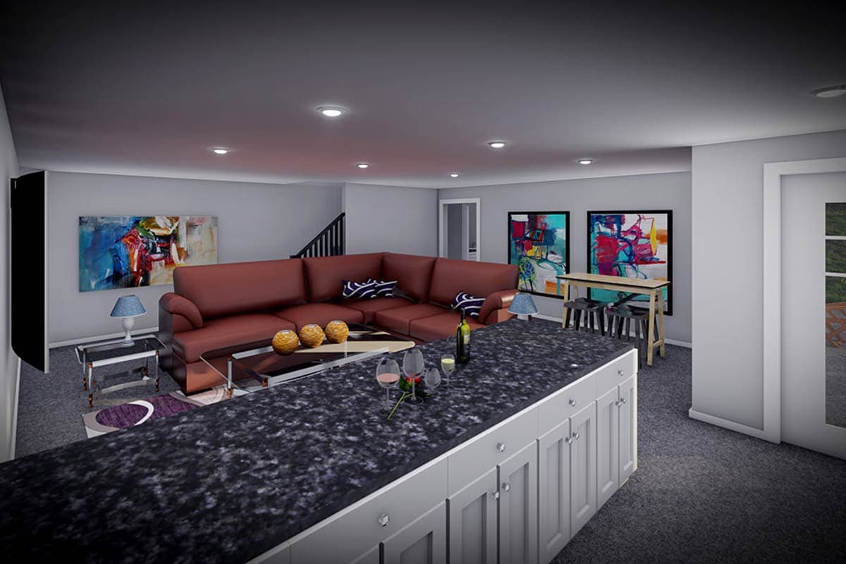 Rendering of an open-concept living area with a sectional sofa, kitchen island, and dining bar.