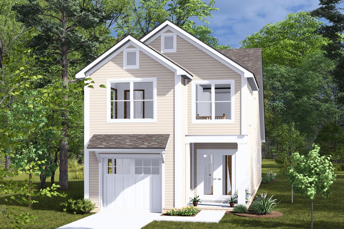 House plan exterior. Two-story home with a gabled roof, dormers, and a single-car garage. Features include a front porch and rectangular windows.