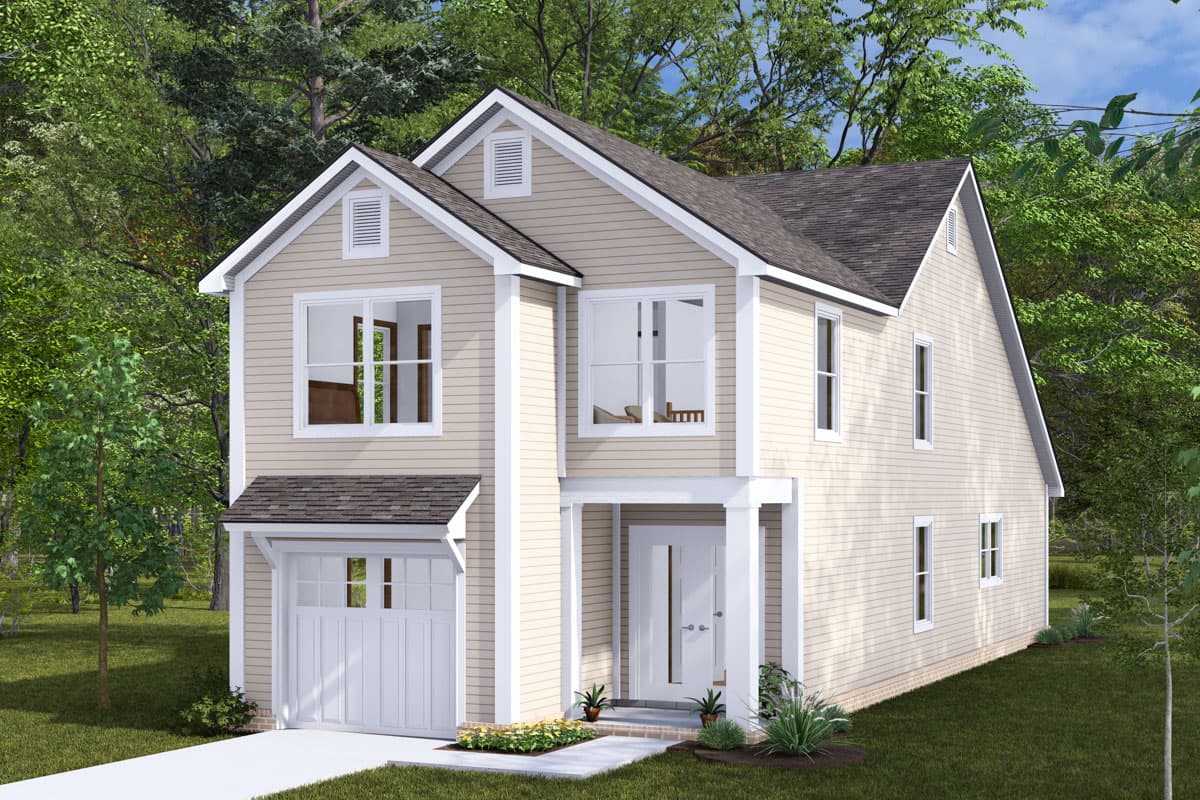 House plan exterior: two-story modern farmhouse with a side-entry garage, gabled dormers, and a covered front entry.