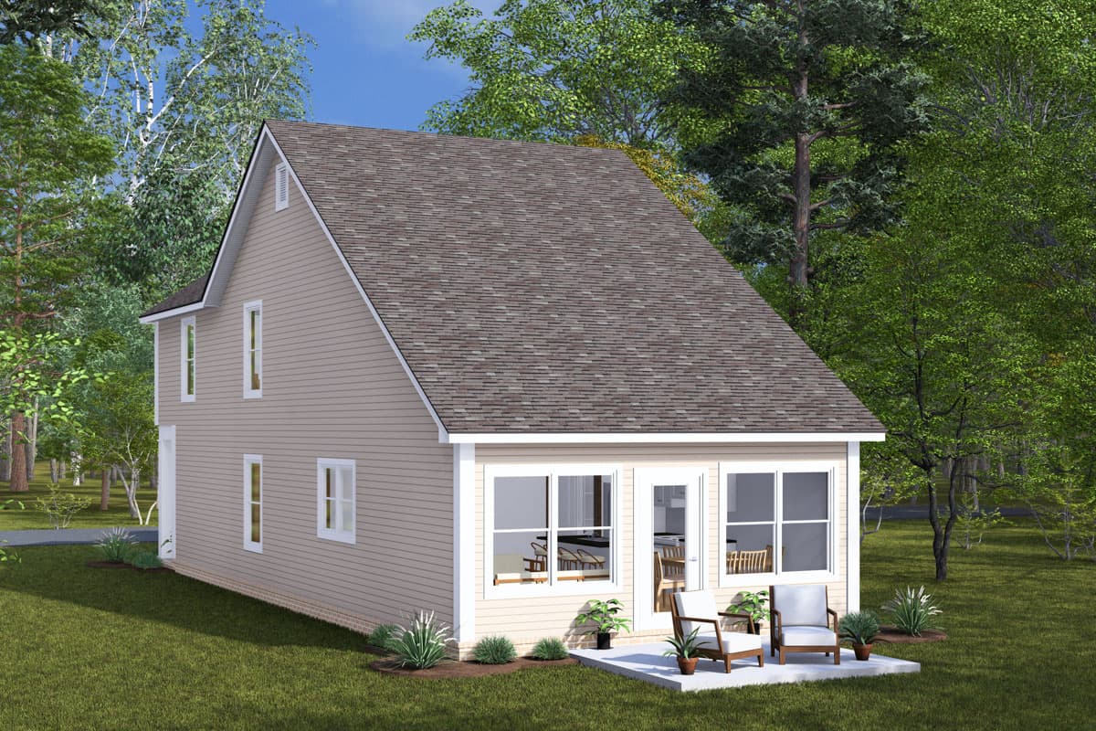 Two-story house plan exterior with a gable roof, vinyl siding, and a sunroom with large windows.