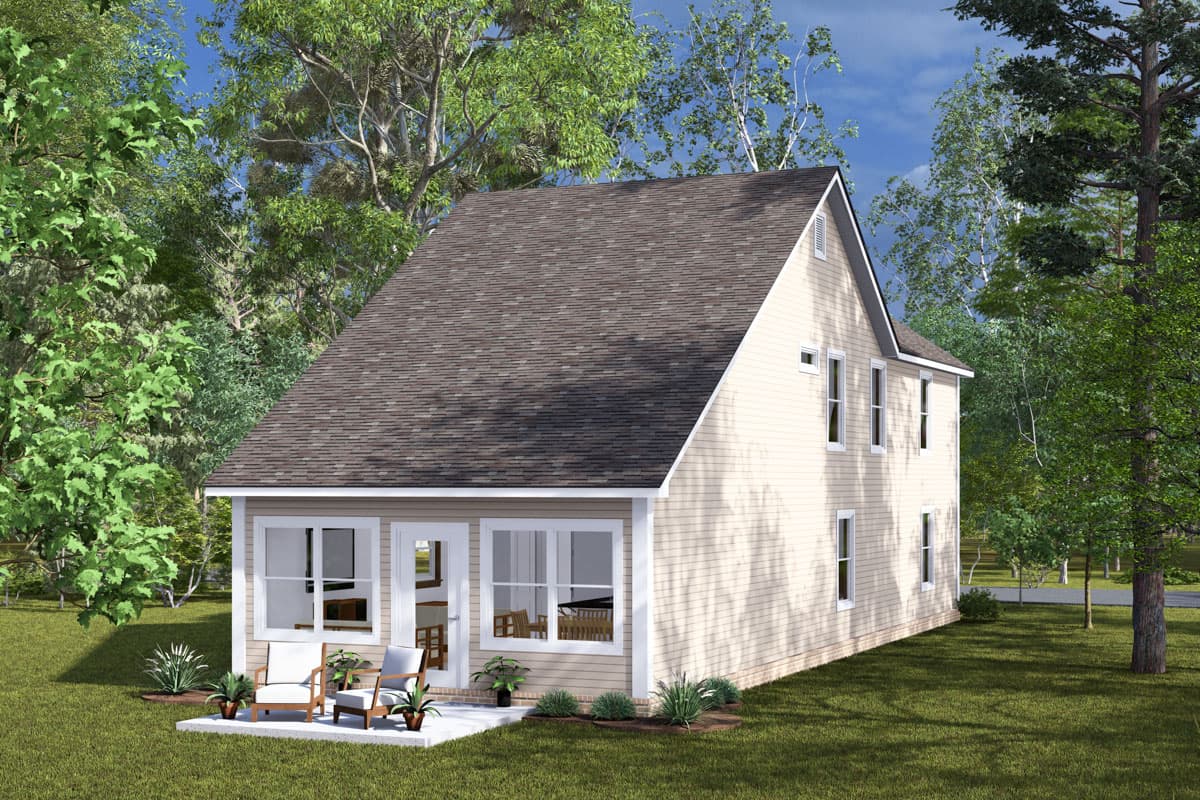 House plan exterior: Two-story contemporary home with a gable roof, horizontal siding, and a patio with chairs.