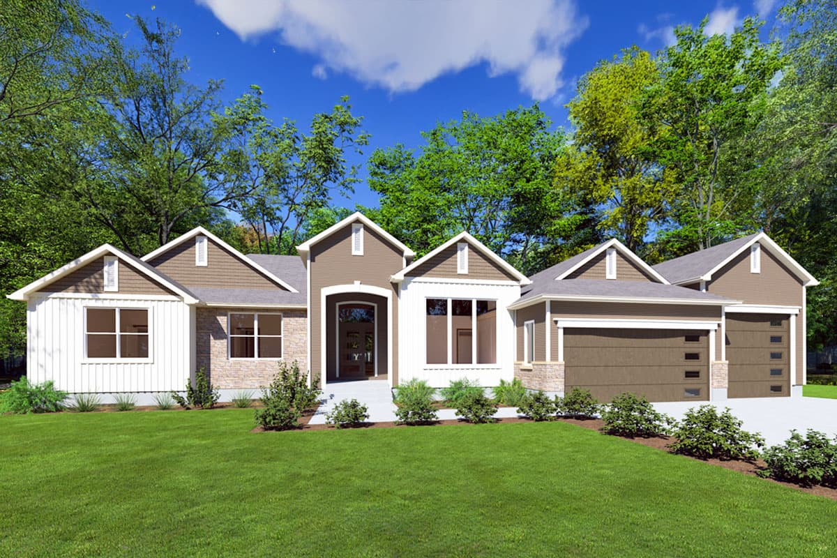 House plan exterior. Ranch style with multiple gabled rooflines, two-car garage, and a covered entry.
