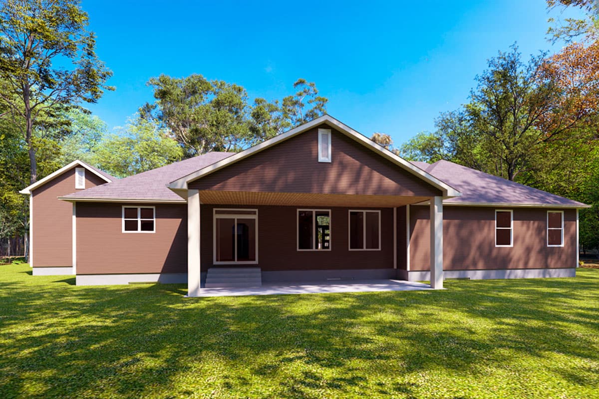 House plan exterior: Ranch style, one story, covered patio with central gable and dormer.