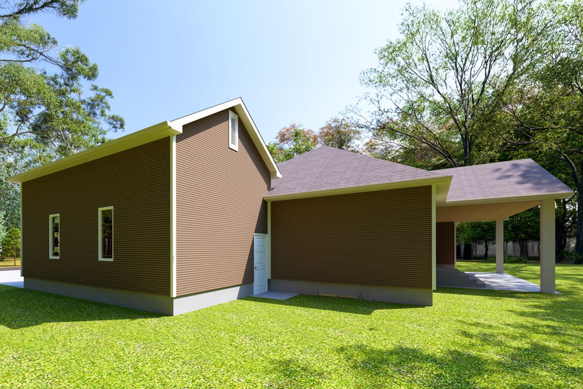 House plan exterior, one story, brown siding, gable roof, and covered carport with stairs.