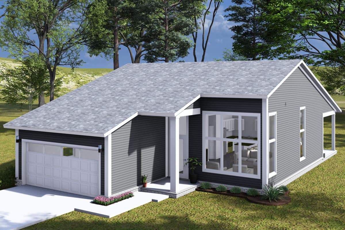 Plan 52397WM: 3-Bed Contemporary Cottage with 2-Car Garage - 1405 Sq Ft
