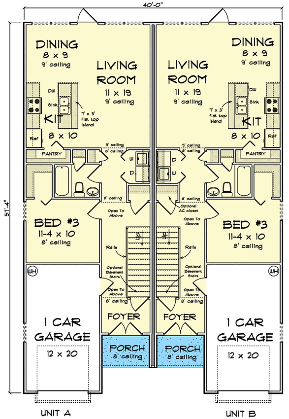 Plan 52398WM: Two-Story Traditional Duplex house Plan with Dual Laundry - 1447 Sq Ft Per Unit - Floor Plan - Main Level - Traditional
