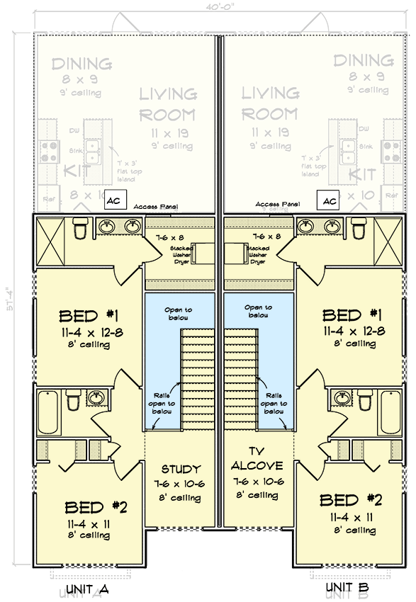 Plan 52398WM: Two-Story Traditional Duplex house Plan with Dual Laundry - 1447 Sq Ft Per Unit - Floor Plan - 2nd Floor - Traditional