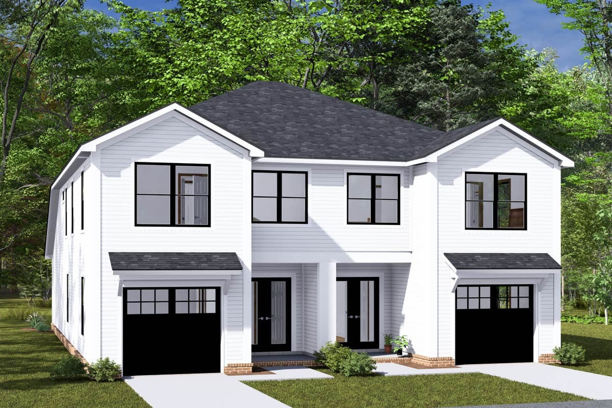 House plan exterior rendering. Two-story, white modern house with dark trim, two garage bays, and gable rooflines.