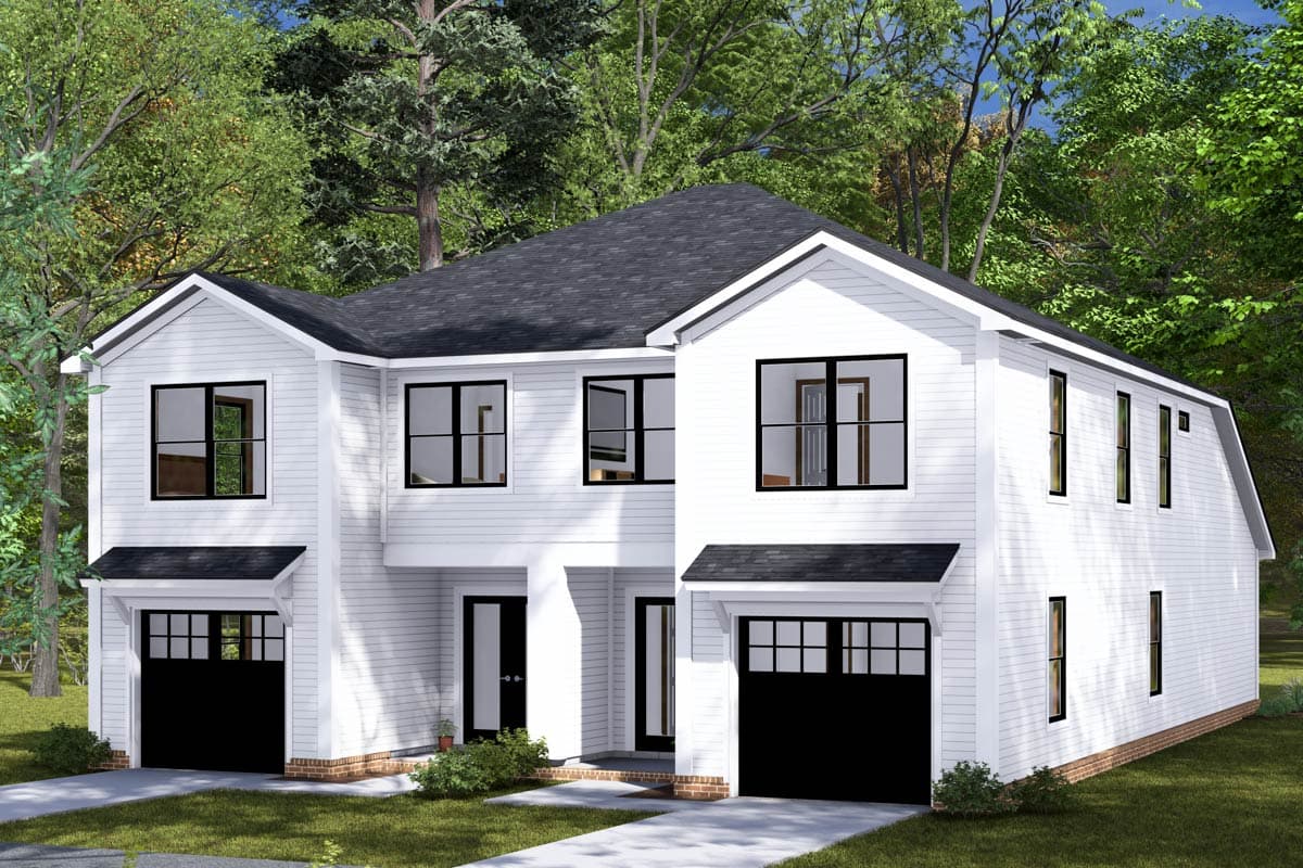 Modern Farmhouse house plan exterior with two stories, gabled roofs, twin garages, and prominent gables.