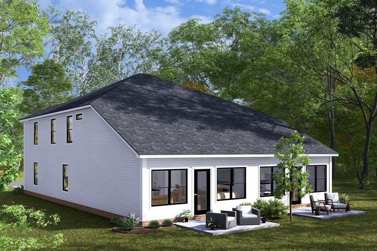 House plan exterior, two-story, white siding, large windows, prominent hip roof, and rear patio access.