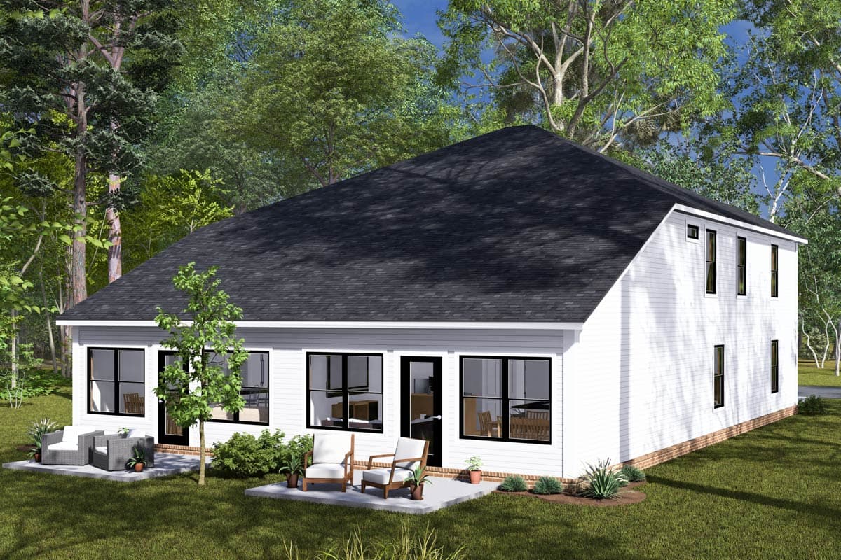 House plan exterior rendering: two-story white siding, dark roof, multiple windows, and rear door with adjacent patios.