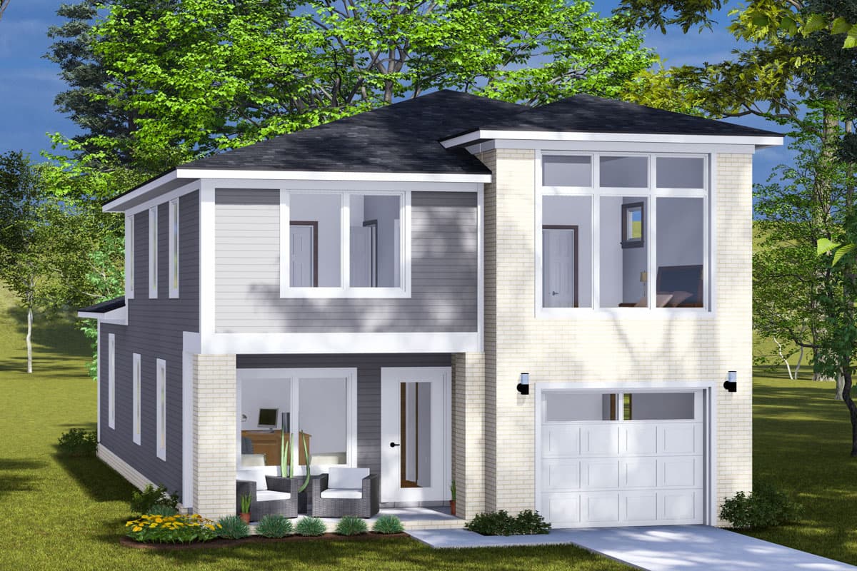 Modern two-story house plan exterior with a brick facade, large windows, and a two-car garage.