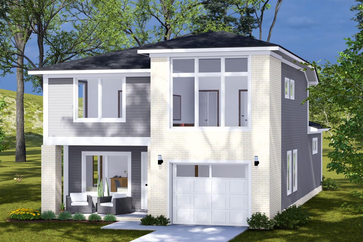 House plan exterior. Two-story Modern house with brick and siding. Features include a garage, large windows, and an elevated porch.