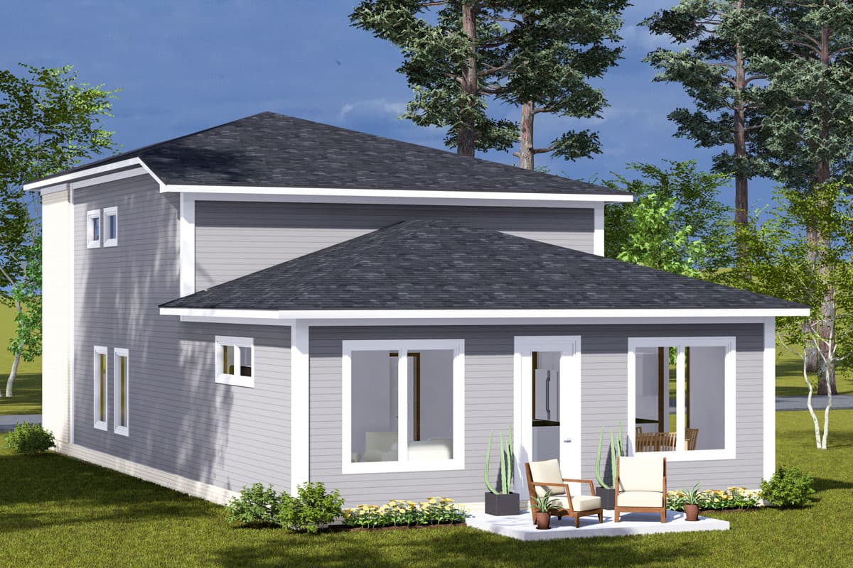 Two-story house plan exterior with horizontal siding, gable roof, and large windows. White trim accents the structure.