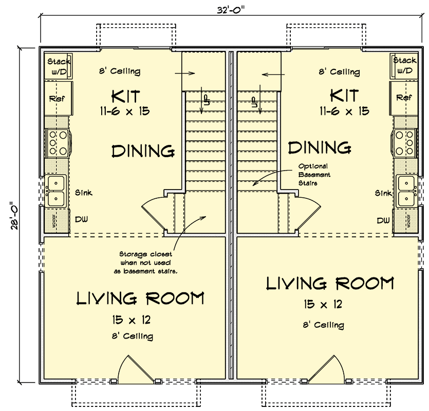 Plan 52400WM: 2-Bed Traditional Duplex House Plan with Open-Concept Living Space - 1792 Sq Ft - Floor Plan - Main Level - Country, Traditional