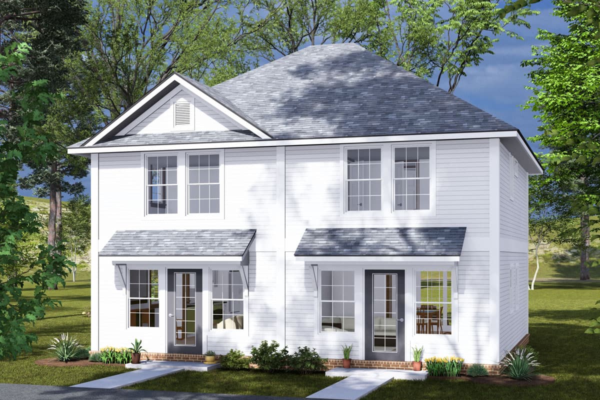 House plan exterior rendering, two-story structure. Features include gabled roof, two entry canopies, and multiple double-hung windows. White siding.