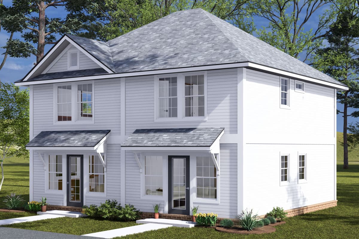 Two-story house plan exterior with white siding, gabled dormer, and entry porches with angled supports.