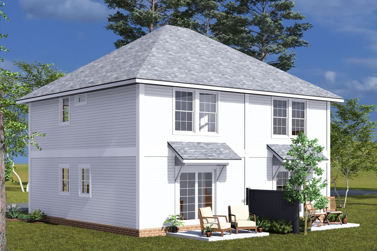 House plan exterior: Two-story modern home with hip roof, multiple gables, double-hung windows, and covered patio.