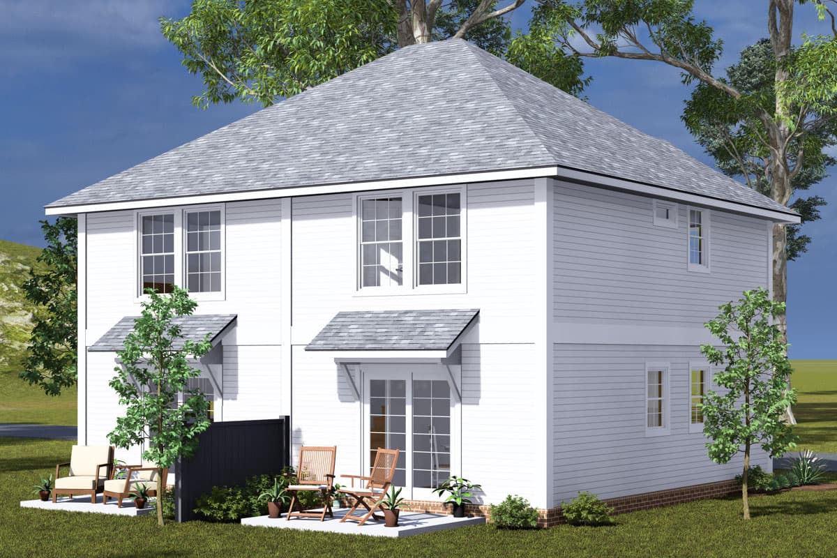 House plan exterior: Two-story modern farmhouse with white siding, gable roof, and two covered entryways.