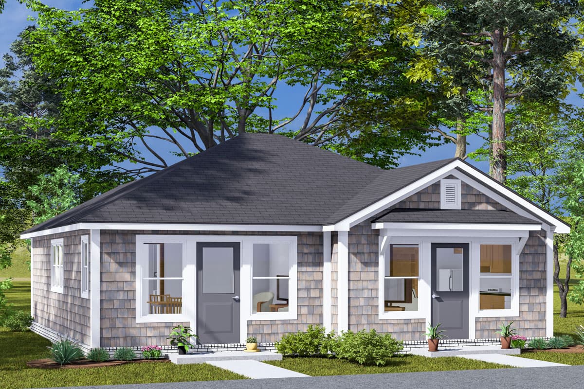 House plan exterior rendering. One-story Cottage style home with gable roof, shingle siding, and covered entry porch.