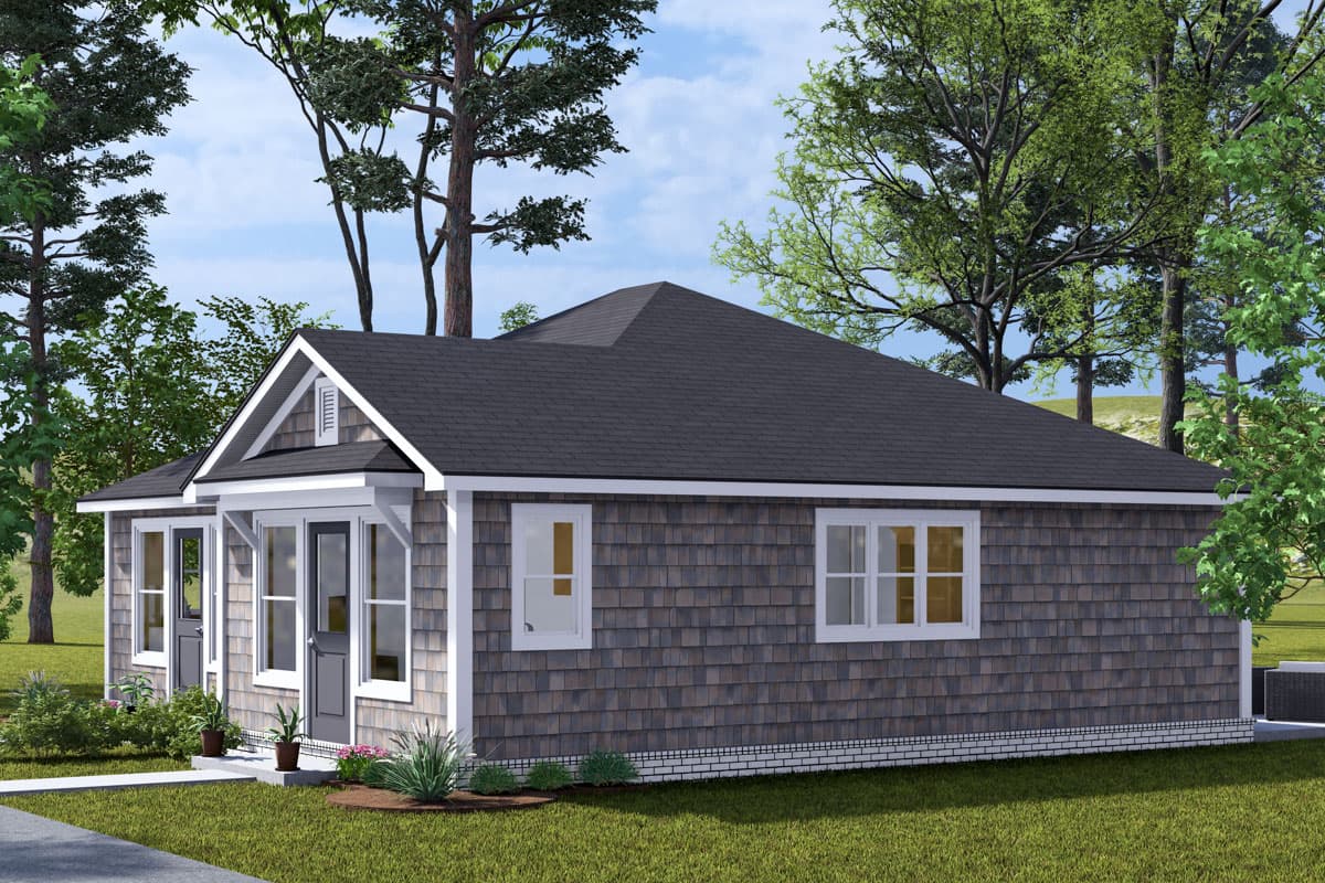 House plan exterior: Single-story home with gabled front porch, shingle siding, and pitched roof.