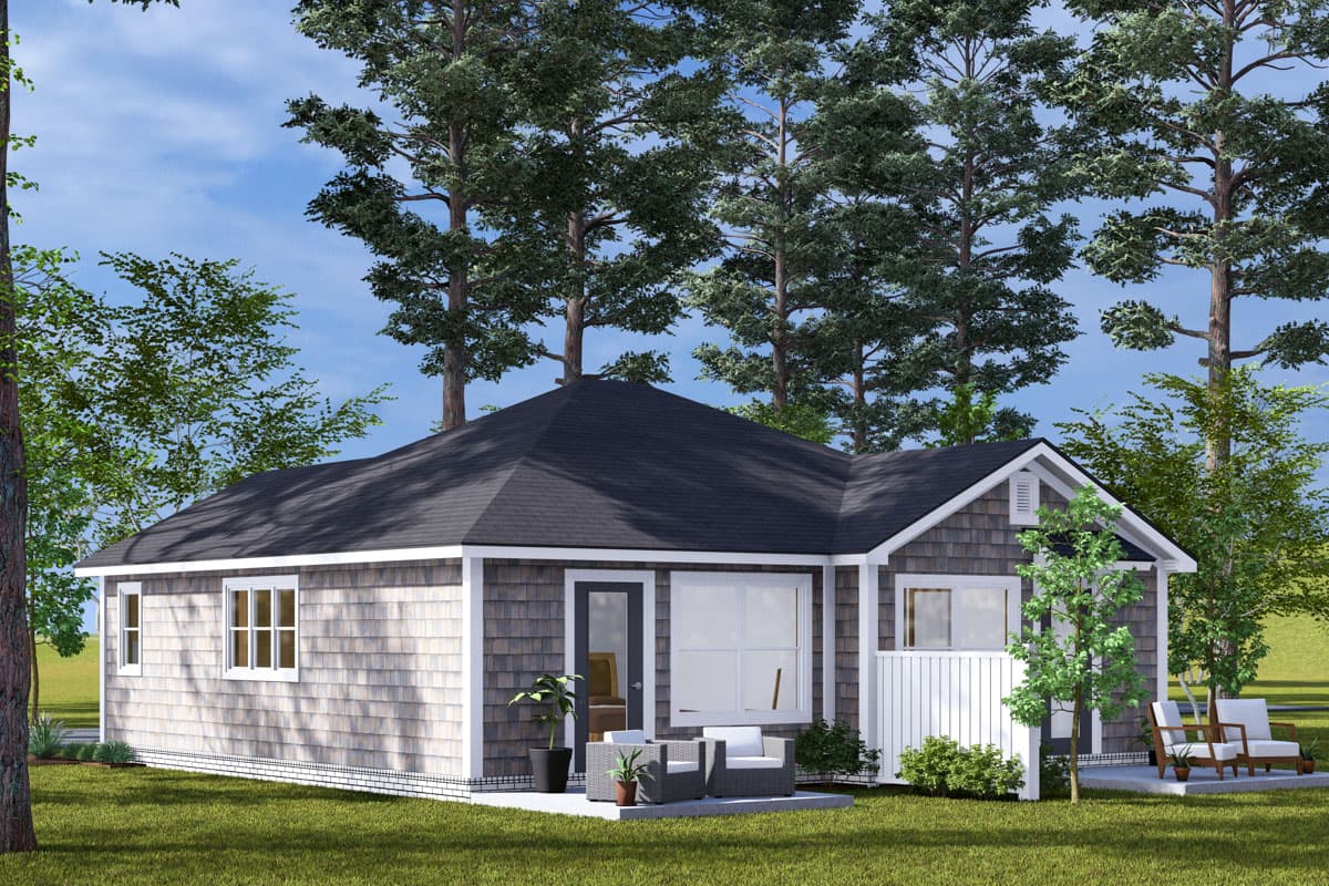 House plan exterior, single-story with shingle siding, large gable roof, and front porch with white railing.