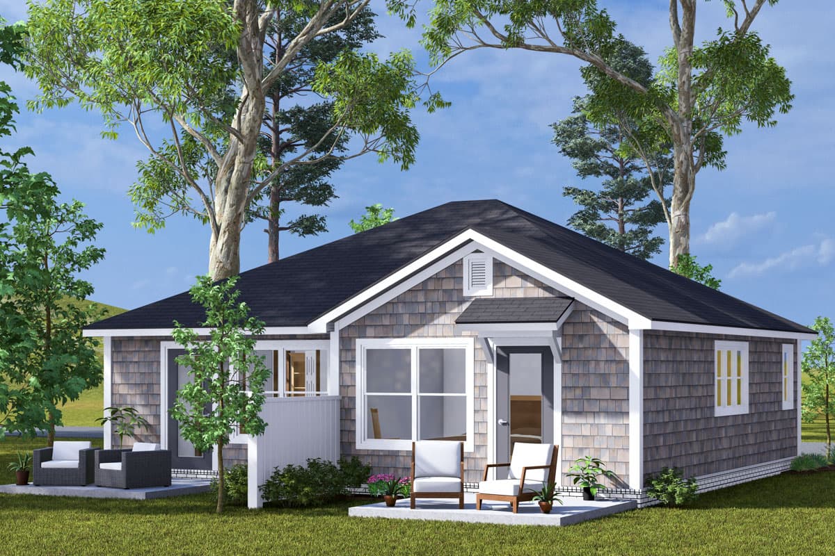 House plan exterior: One-story cottage with shingle siding, prominent gable, dormer, and attached porch.
