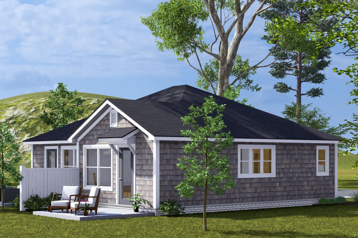 House plan exterior: One-story home with shingle siding, prominent gable with vent, and covered entry.