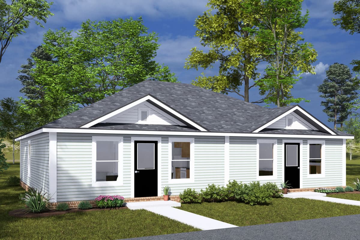 House plan exterior. One-story structure with gable roof and dormers. Features include light siding, white trim, and a concrete walkway.