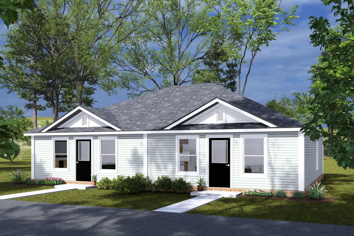 House plan exterior: one-story modern farmhouse with gable accents, twin entrances, and vinyl siding.